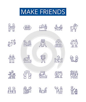 Make friends line icons signs set. Design collection of Connect, Mingle, Socialize, Acquaint, Network, Associate, Join