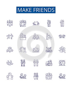 Make friends line icons signs set. Design collection of Connect, Mingle, Socialize, Acquaint, Network, Associate, Join