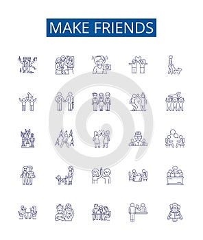 Make friends line icons signs set. Design collection of Connect, Mingle, Socialize, Acquaint, Network, Associate, Join photo
