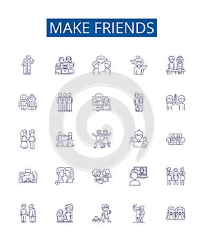 Make friends line icons signs set. Design collection of Connect, Mingle, Socialize, Acquaint, Network, Associate, Join photo