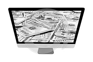 Make money online. Business concept with making profit using internet. Laptop computer with money. Making money online concept. Us