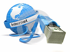 Make money online. Concept. Earth and internet cable with money.