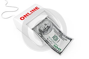 Make Money Online Concept. Money Maker Online Machine with Dollars Banknote. 3d Rendering