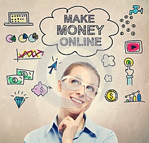 Make Money Online idea sketch with young business woman