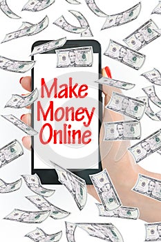 Make money online, message on smartphone with flying money