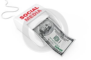 Make Money with Social Media Concept. Money Maker Social Media Machine with Dollars Banknote. 3d Rendering