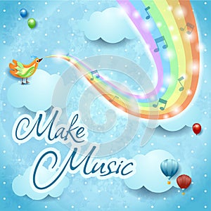 Make music, fantasy illustration on sky background with bird and song.