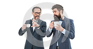 Make new friends visiting business convention or summit. Business people coffee break. Men bearded guys communicate