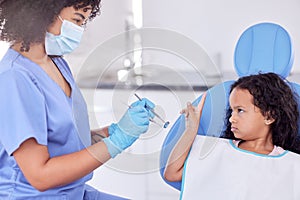 Make room for your tooth repair. a little girl looking upset at the dentist.