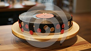 Make a statement at your next party with this eyecatching and delicious vinyl record layer cake photo