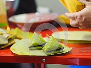 Make Stuffed Dough Pyramid Dessert, Stuffed Dough Pyramid, year cake, Chinese New Yearâ€™s cake, dessert Made with glutinous rice