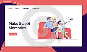 Make sweet memories landing page vector template. Family taking selfie stick picture website interface idea with flat