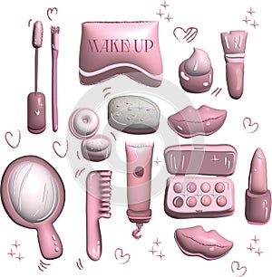MAKE UP 3D Cosmetics icon set make up set pink barbie set beauty beautiful pink lipstick pudra mirror