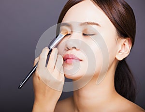 Make up artist applying color eyeshadow on model's eye