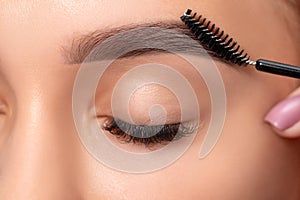 Make-up artist combing eyebrows with a brush to a beautiful young blonde woman with clean skin after permanent makeup. Makeup and