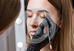 The make-up artist does Long-lasting styling of the eyebrows of the eyebrows and will color the eyebrows. Eyebrow lamination.