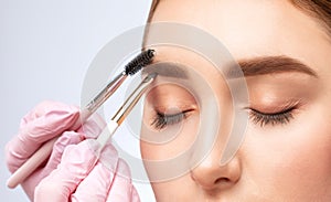 The make-up artist does Long-lasting styling of the eyebrows of the eyebrows and will color the eyebrows. Eyebrow lamination.