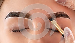 The make-up artist does Long-lasting styling of the eyebrows of the eyebrows and will color the eyebrows. Eyebrow lamination.