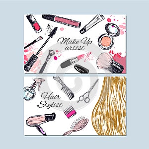 Make up artist and Hair stylist business cards. Beauty and fashion, Vector hand draw