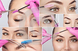 Make-up artist plucks eyebrows with tweezers to a woman before staining with henna.Makeup concept, eyebrow shape modeling and photo