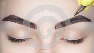 The make-up artist plucks her eyebrows from a young woman in a beauty salon.