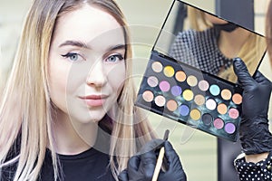 Make-up artist puts makeup on the girls eyes. eye shadow, palette. Beauty saloon