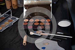 Make-up artist theme. Various makeup products. View from above.