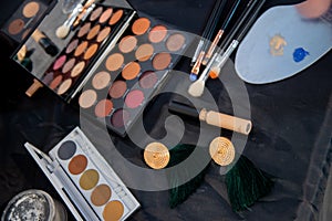 Make-up artist theme. Various makeup products. View from above.