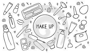 Make up and beauty symbols icon set. Female collection of different products accessoires for skin care and visage. Hand drawn