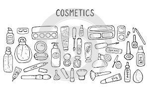 Make up and beauty symbols icon set. Female collection of different products accessoires for skin care and visage. Hand drawn