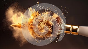 Make up brush with golden powder explosion. Generative AI