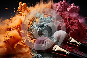 Make up brushes and colorful powder dust explosion background. Makeup brush with pink and purple powder explosion. Makeup brushes