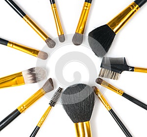 Make-up Brushes set over white background. Various Professional makeup brush on white in studio. Make up artist tools. Flatlay