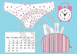 Make up colorful bag with menstruation sanitary pads and cotton tampons, lace pants , a calendar and alarm clocks. Hygiene protect