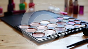 Make-up colorful cosmetic palette, lipstick, brushes and nail laquer bottles