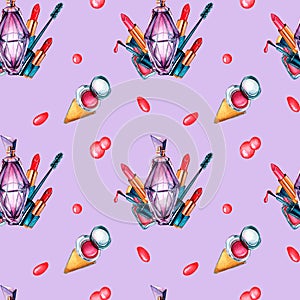 Make up cosmetic, perfume watercolor seamless pattern isolated on purple background.