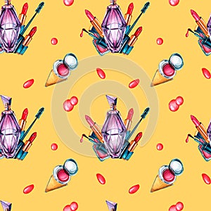Make up cosmetic, perfume watercolor seamless pattern isolated on yellow background.