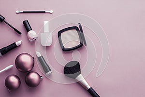 Make-up and cosmetics product set for beauty brand Christmas sale promotion, luxury purple flatlay background as holiday design