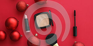 Make-up and cosmetics product set for beauty brand Christmas sale promotion, luxury red flatlay background as holiday design