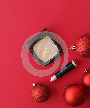 Make-up and cosmetics product set for beauty brand Christmas sale promotion, luxury red flatlay background as holiday design