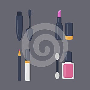 Make up cosmetics set of vector icons in cartoon style. Beauty salon and woman cosmetic magazine illustrations.