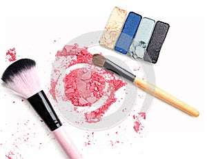 Make up eye shadow and powder blush isolated on white.