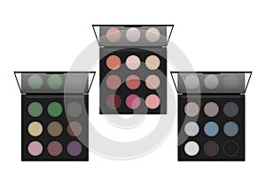 Make-up eyeshadow palette  realistic illustration. Makeup container set. Open color eye shadow kit case with mirror  vector