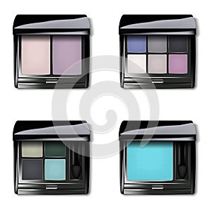 Make-up eyeshadow palette. Realistic vector set. Open color makeup eye shadow kit square case packaging