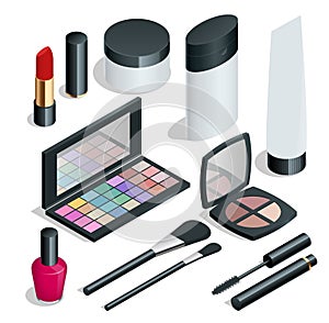 Make up. Hand drawn cosmetics set. Nail polish, mascara, lipstick, eye shadows, brush, powder, lip gloss. Flat 3d vector