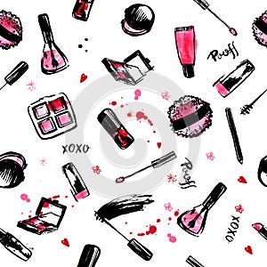 Make Up Hand drawn seamless pattern. fashion style cosmetics with nail polish, lipstick, mascara, brush, lip gloss. Pink