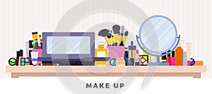 Make up kit. Vector flat illustrations. Decorative cosmetics on the table against a white wall.