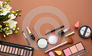 Make up natural cosmetics against brown color background