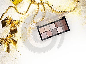 Make up for new year holiday party, makeup set. Festive new-year flat lay.