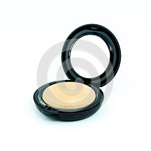 Make-up powder in box and make up brush isolated